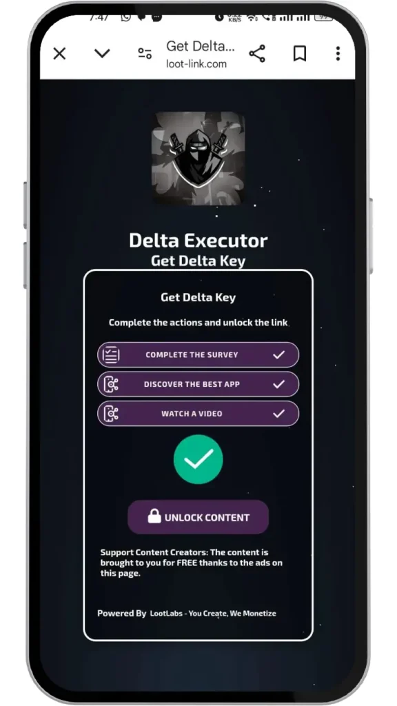 Cómo obtener la Delta Executor Key utilizando Linkvertise - Abril 2026 4 Desbloquear contenido en la parte inferior